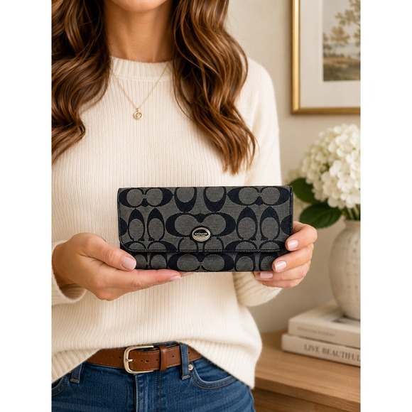 Coach Handbags - Coach Peyton Signature Jacquard Trifold Checkbook Wallet Black Gray Zip Clutch